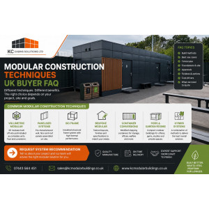 Modular construction techniques UK buyer FAQ showing a modern modular building and build system comparison icons