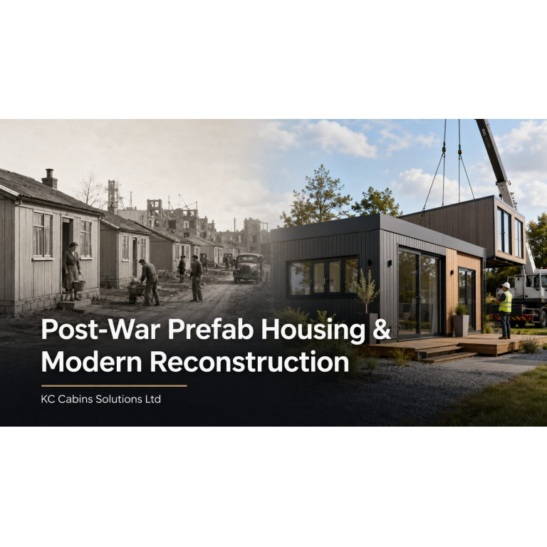 Post-war prefab housing transitioning into modern modular reconstruction with a contemporary KC Cabins building installation.