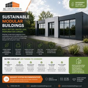 Sustainable modular buildings buyer checklist showing a modern UK modular office and energy-efficient design benefits