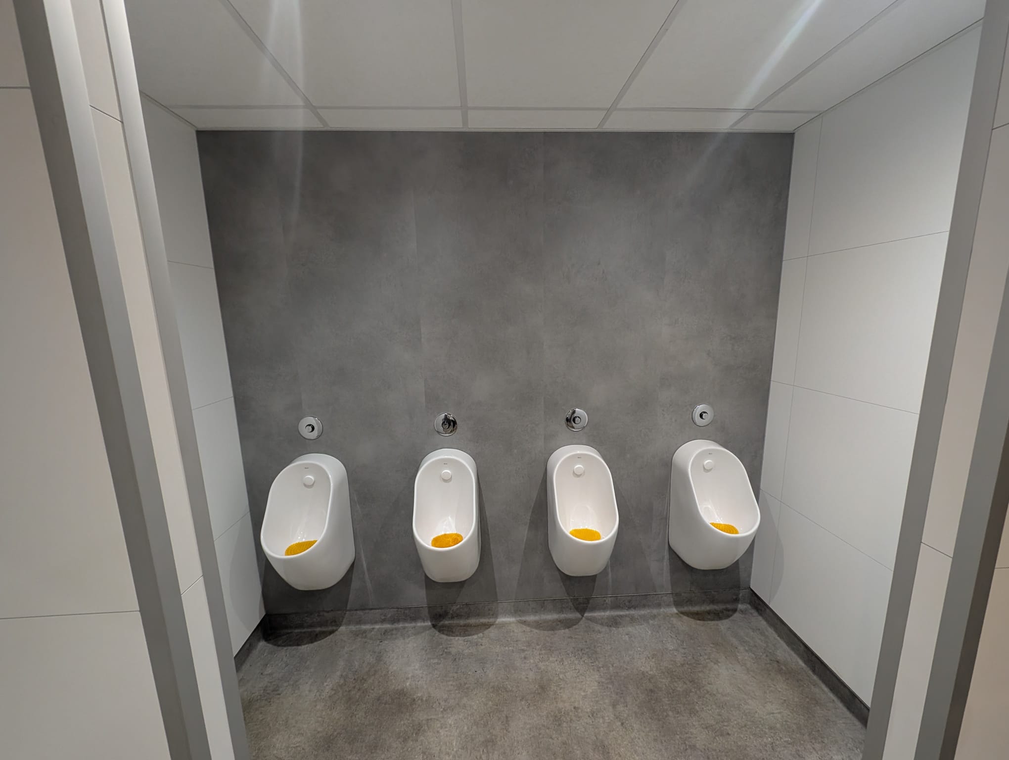 Four wall-mounted urinals within the modular welfare unit, set against grey wall panels and easy-clean flooring.