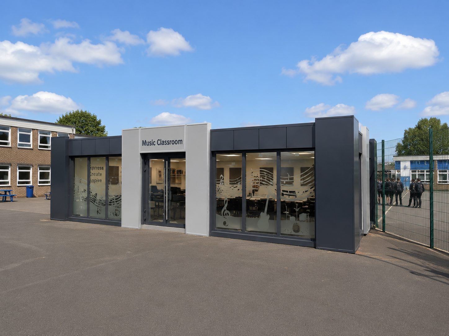 Modular classroom regulations UK guide showing a modern music classroom on a school campus