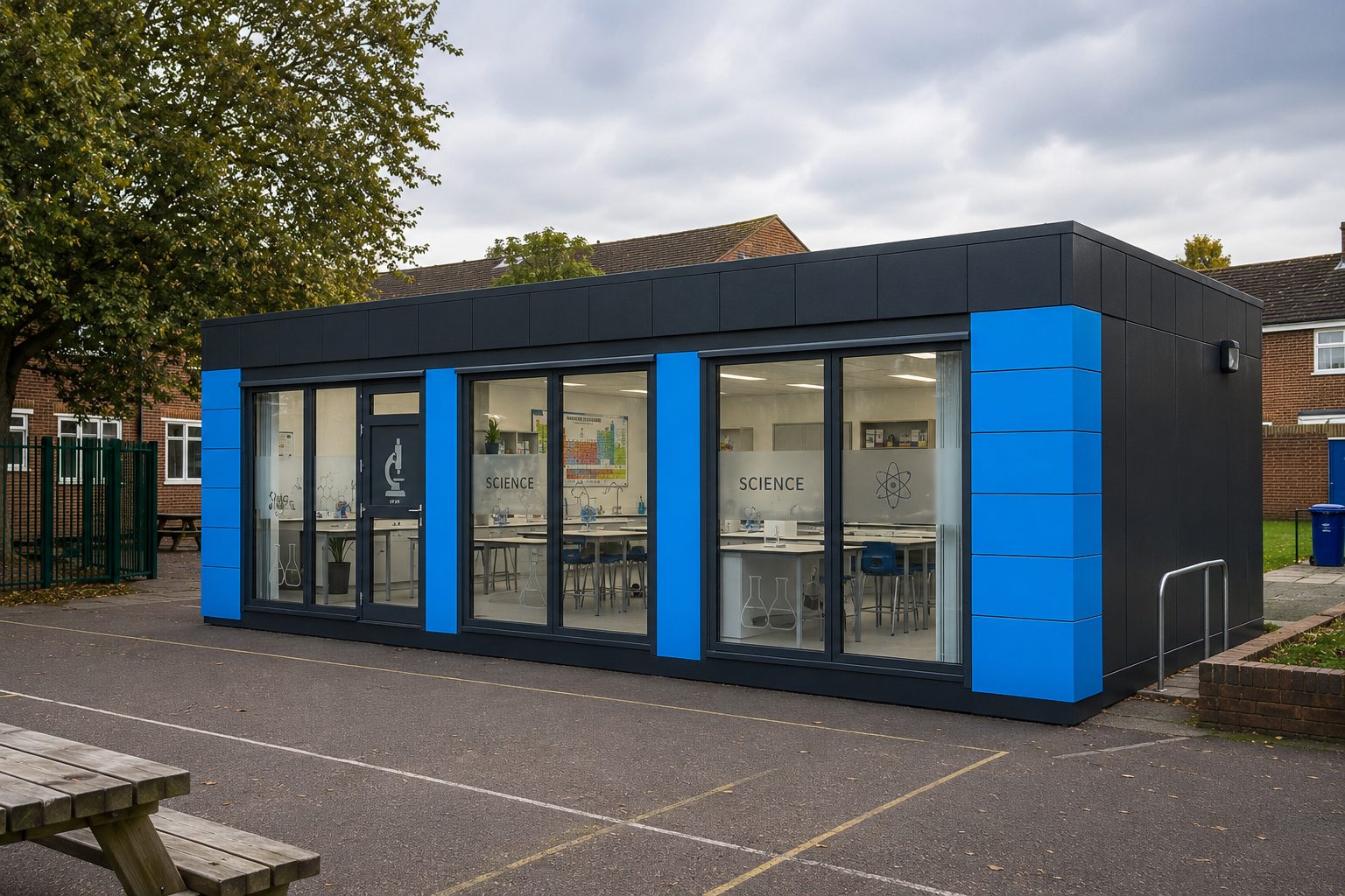 Modular classroom planning permission guide showing a modern science classroom in a school yard