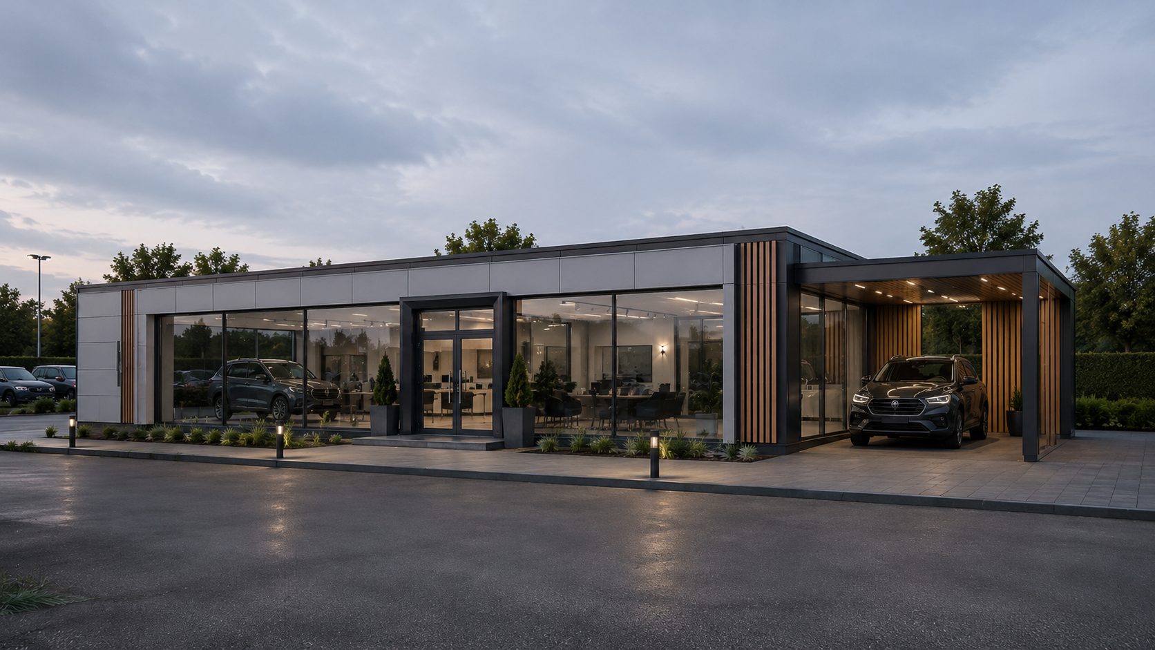 portable showroom planning permission reference with customer access and vehicle forecourt context