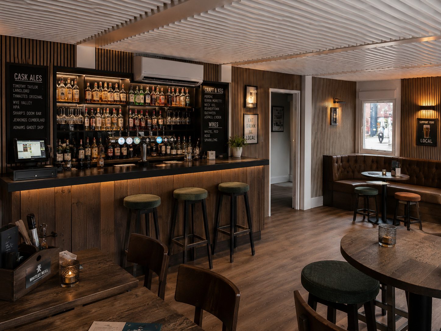modular pub interior showing bar layout and customer circulation for fire safety and licensing planning