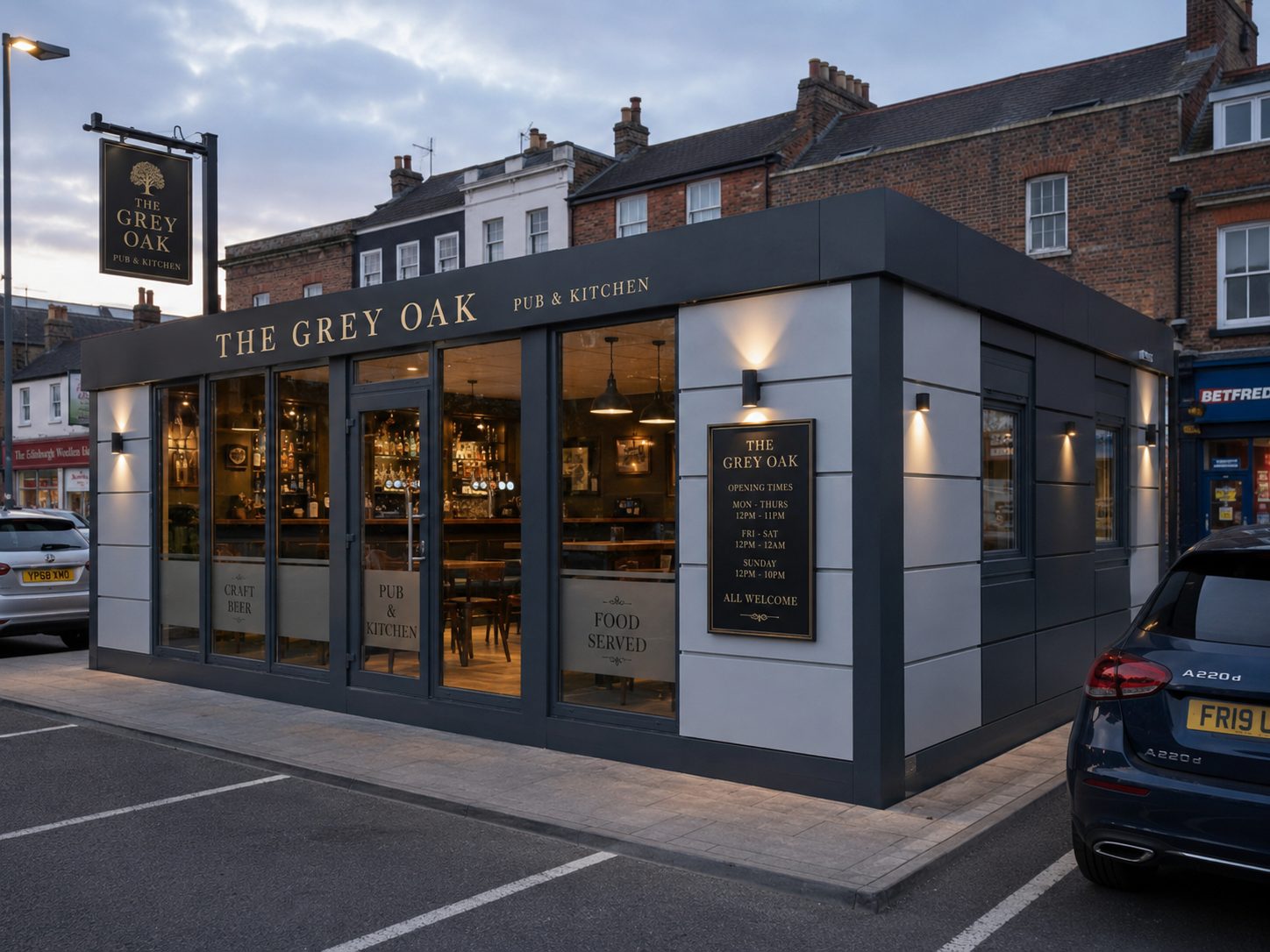 portable vs permanent modular bars guide hero showing The Grey Oak modular pub building by KC Modular Buildings