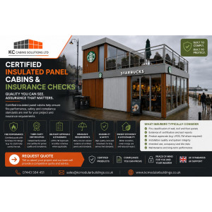 Certified insulated panel cabins insurance checks graphic showing modern commercial modular building and fire compliance benefits