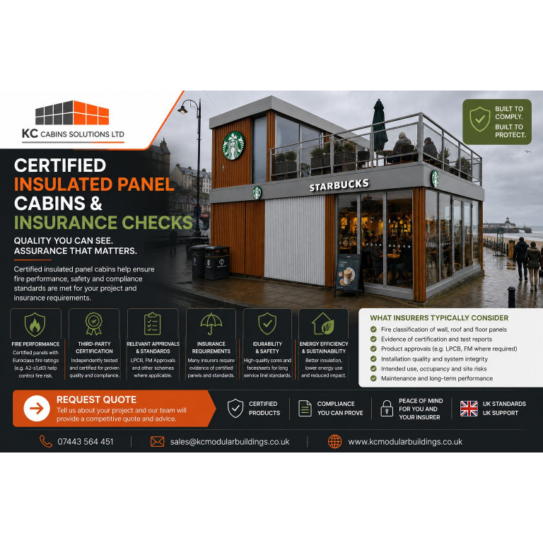 Certified insulated panel cabins insurance checks graphic showing modern commercial modular building and fire compliance benefits
