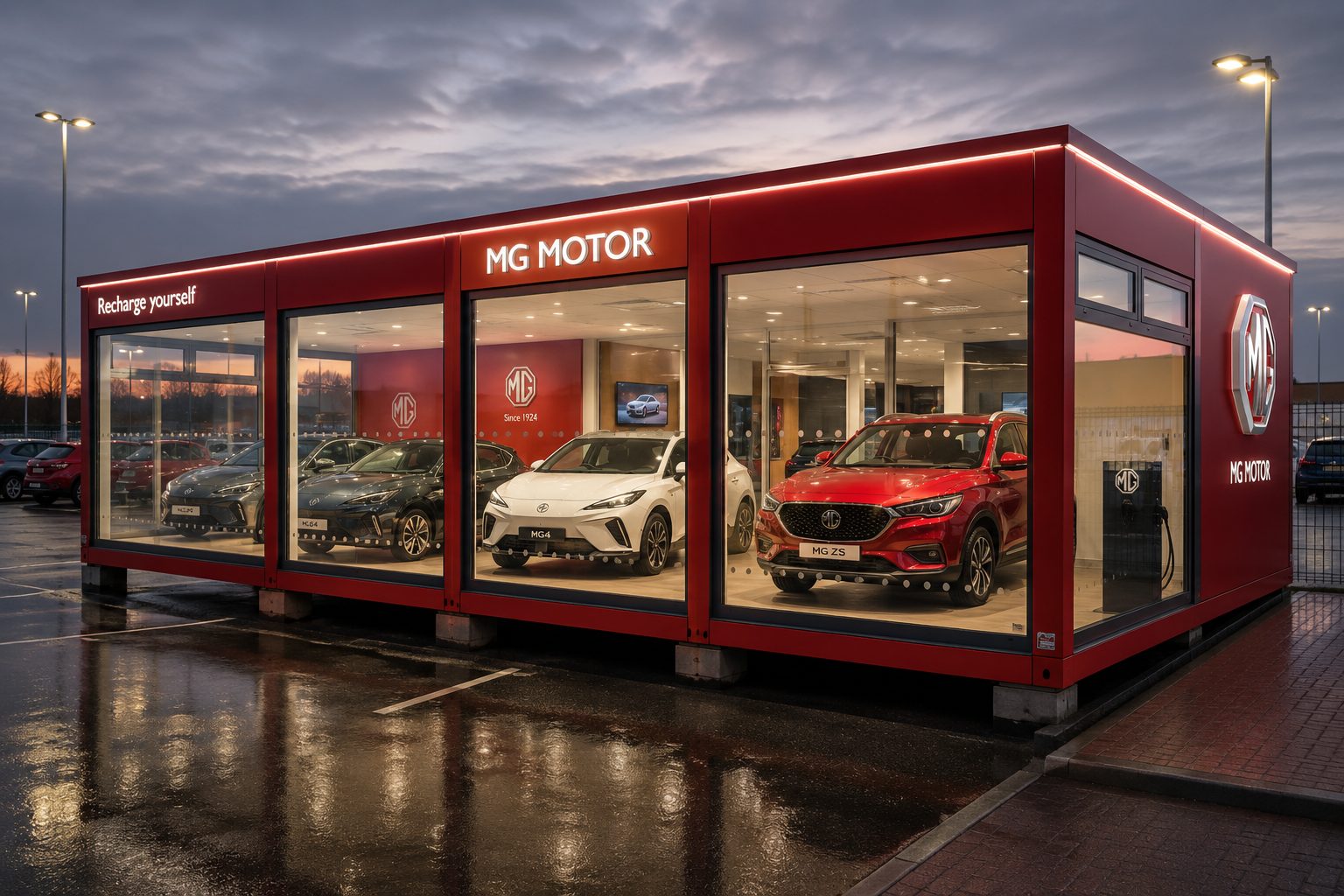 modular showroom planning permission guide hero showing modern MG showroom at dusk