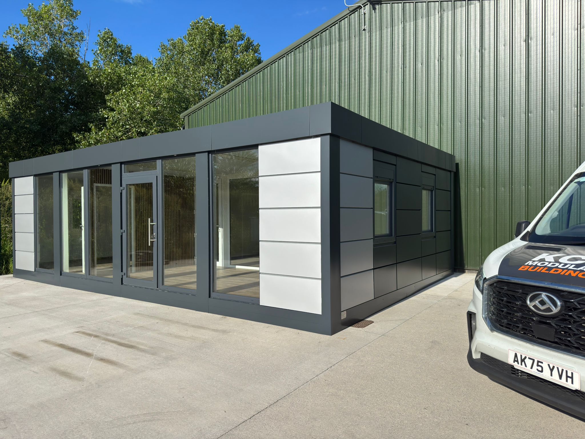 External view of modular meeting room after delivery and before final cladding review