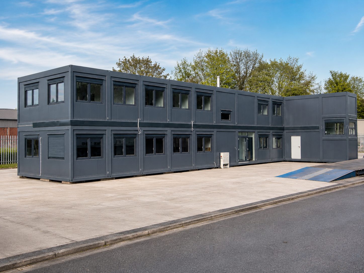 Exterior or project view of a modular meeting room delivered using an ISO frame modular system by KC Cabins Solutions