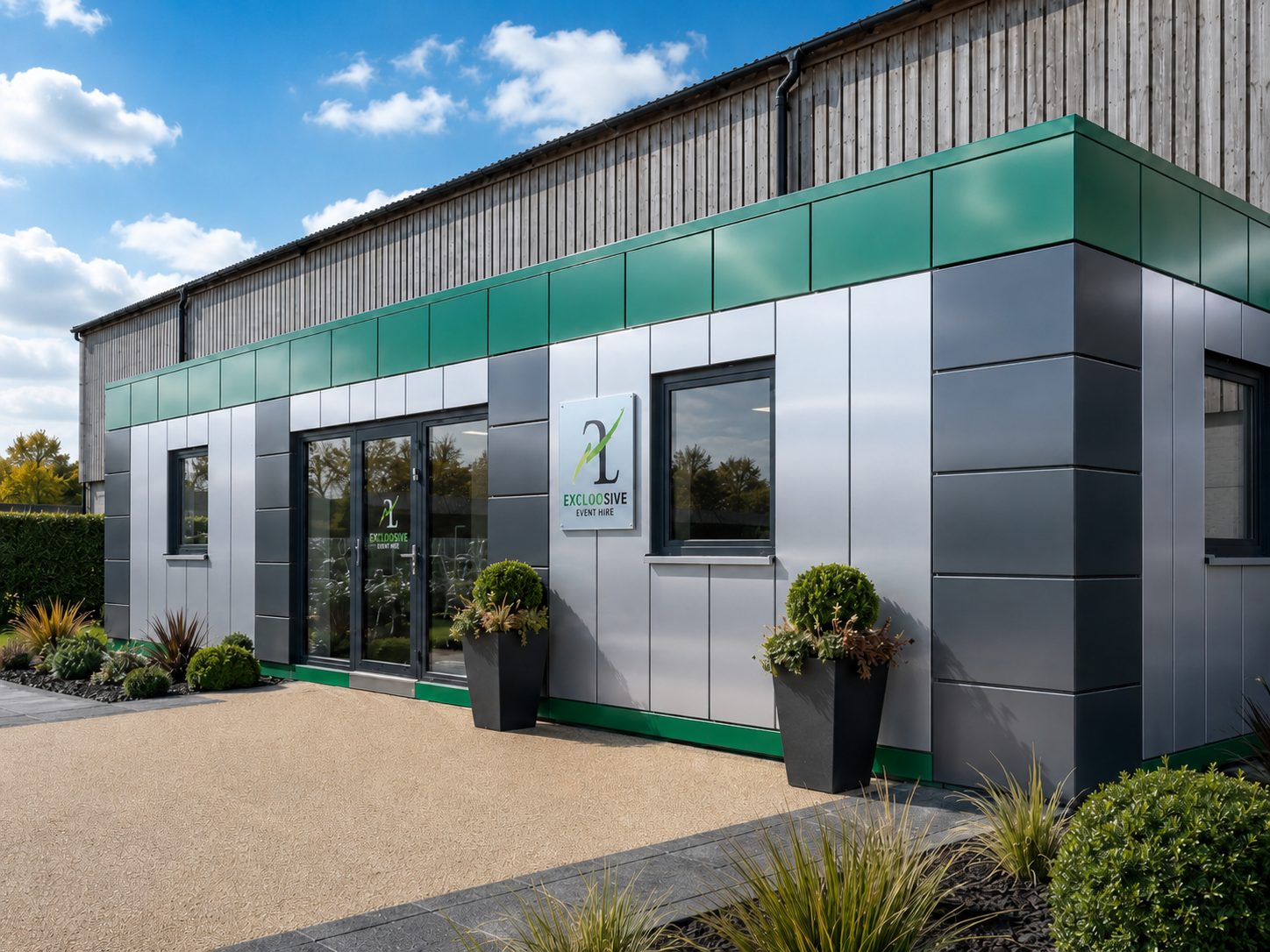 Heatwave-ready modular office completed for Excloosive Ltd with KC ventilated façade and green black grey commercial finish