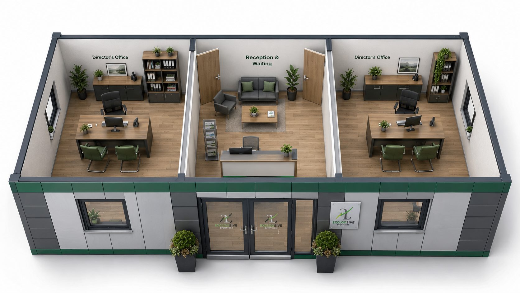 12.6 metre by 3.15 metre modular office floor plan for Excloosive Ltd showing two offices and a reception