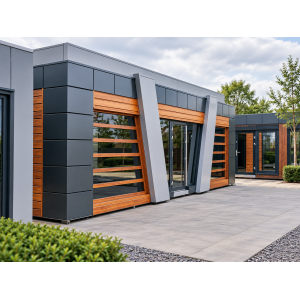 Temporary portable modular pavilion with angled windows and architectural parapet