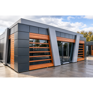 V-design portable modular building shell with feature glazing and wood-effect facade