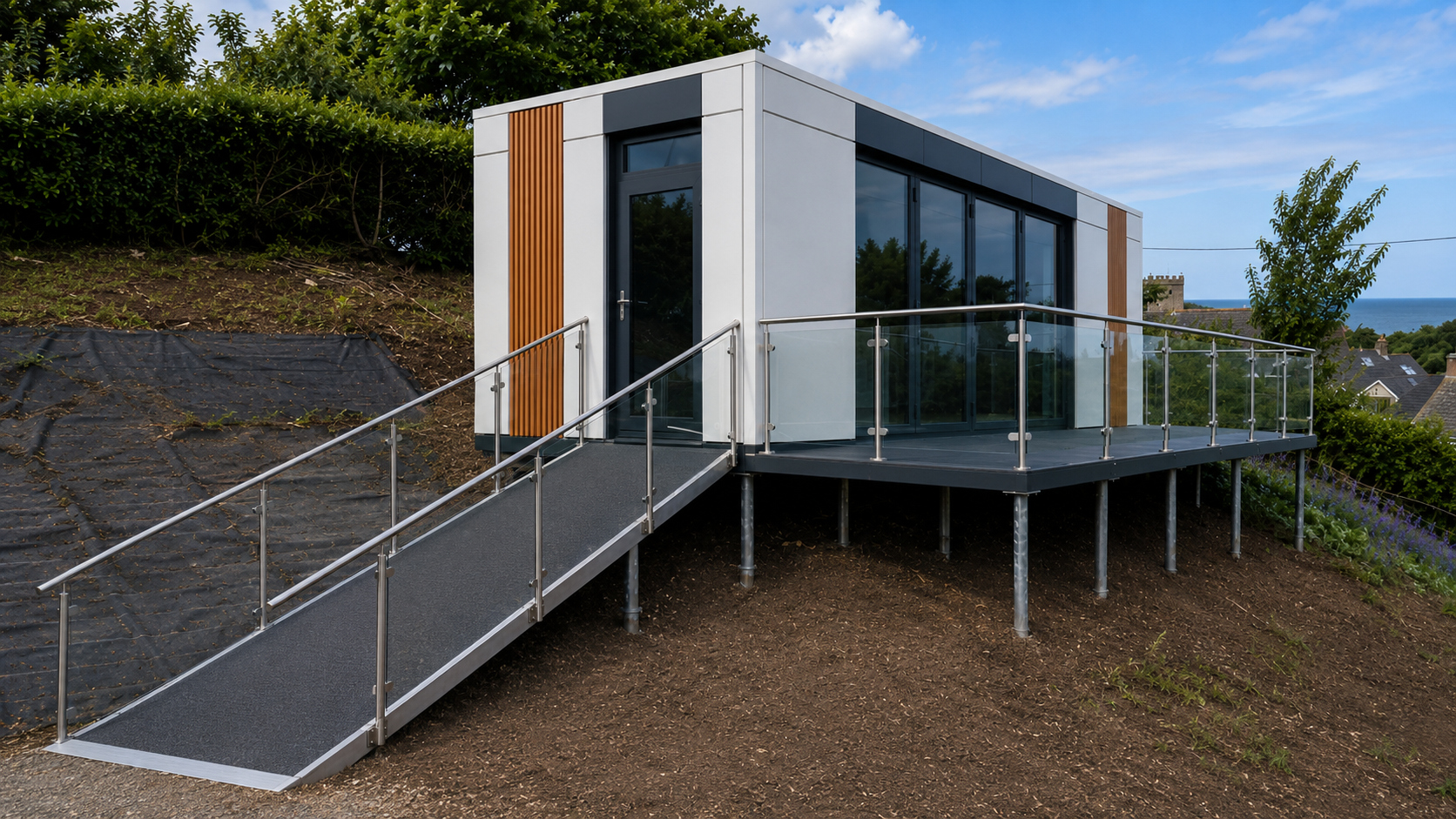 Small glazed building on a raised terrace with a long ramp and glass balustrades on sloping ground.