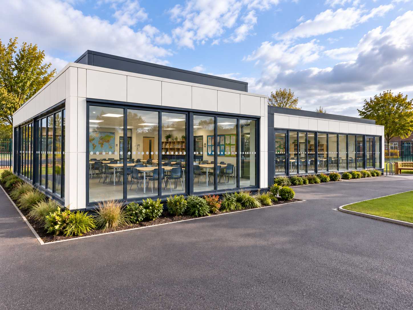 Classroom-setting building with white fascia panels, large windows and contrasting roofline heights.
