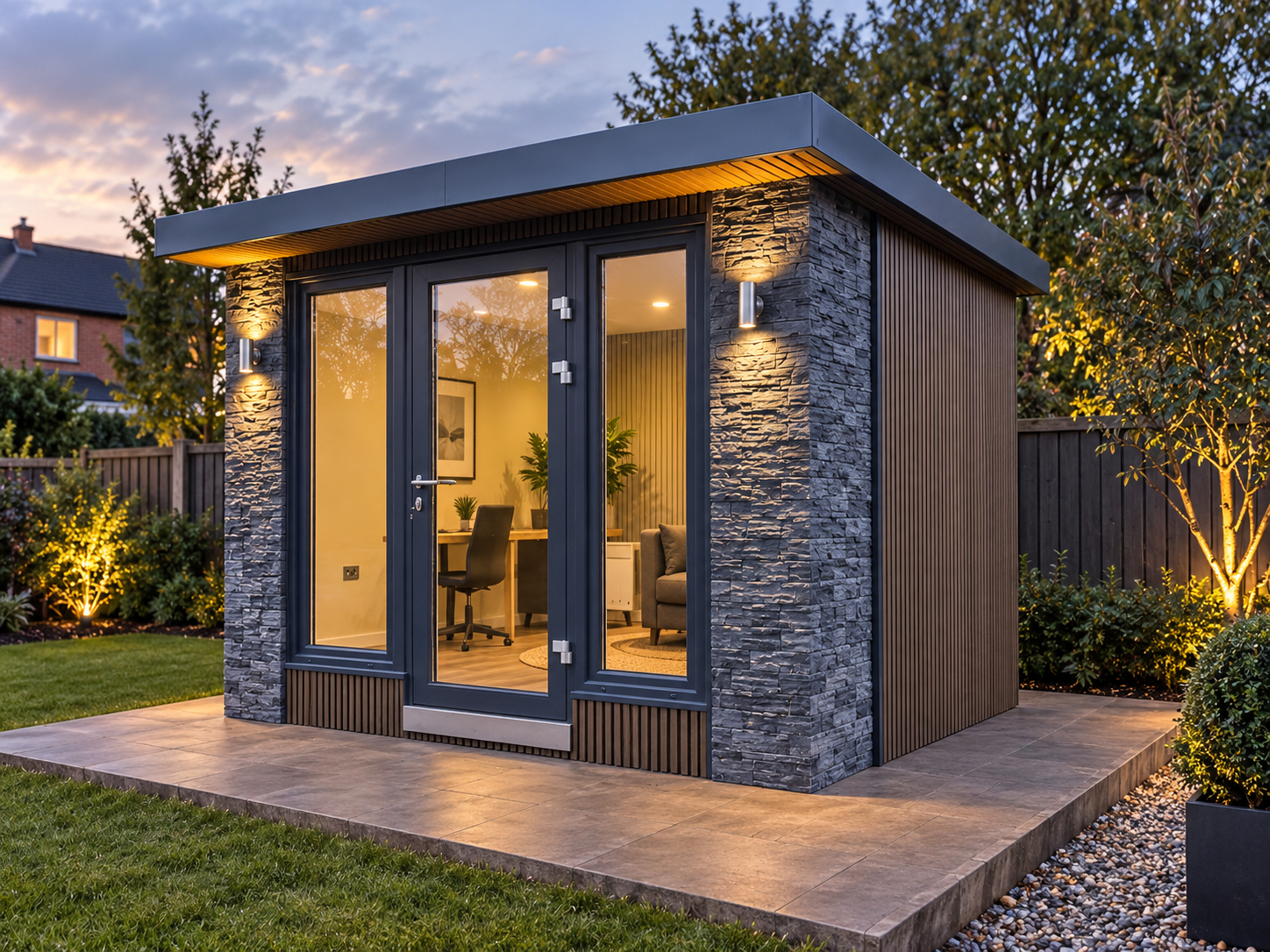 Compact garden-room design with timber-coloured cladding, stone-effect front piers and glazed doors at dusk.