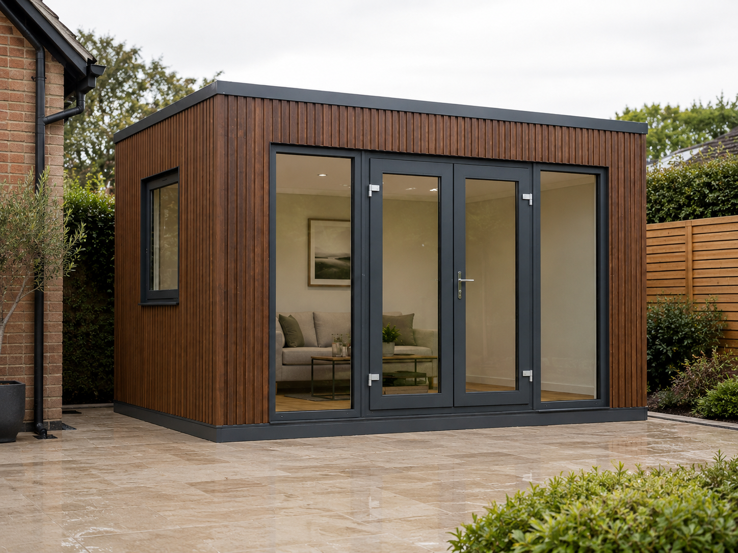 Hereford garden-pod design with vertical timber-coloured cladding and dark-framed glazed doors beside a brick house.