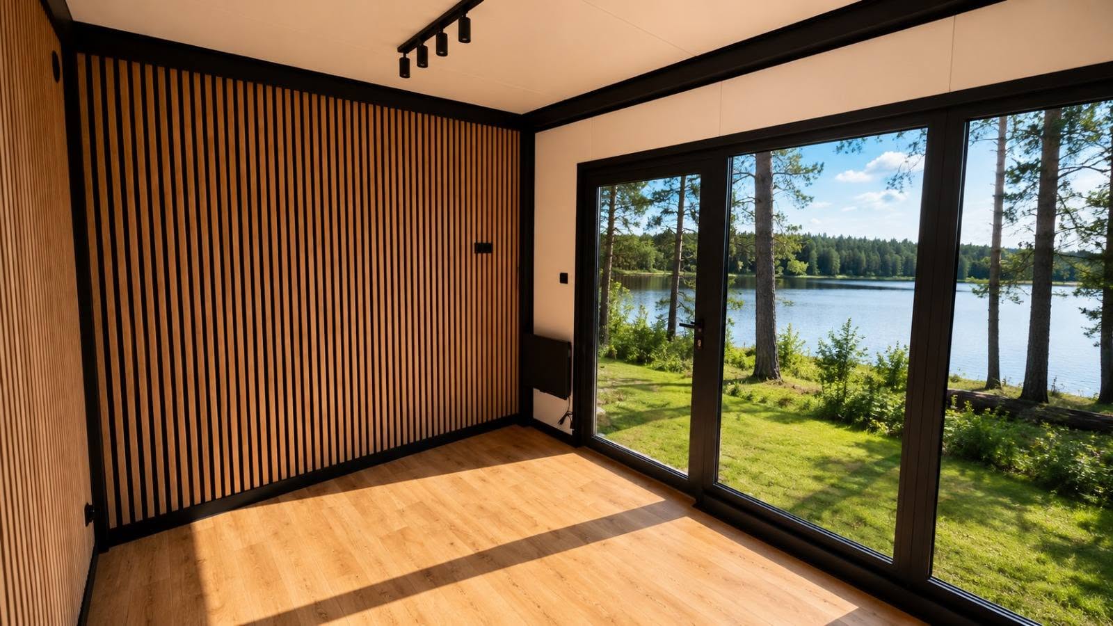 Garden-room interior reference with timber-coloured flooring, slatted feature walls, track lighting and full-height glazing.