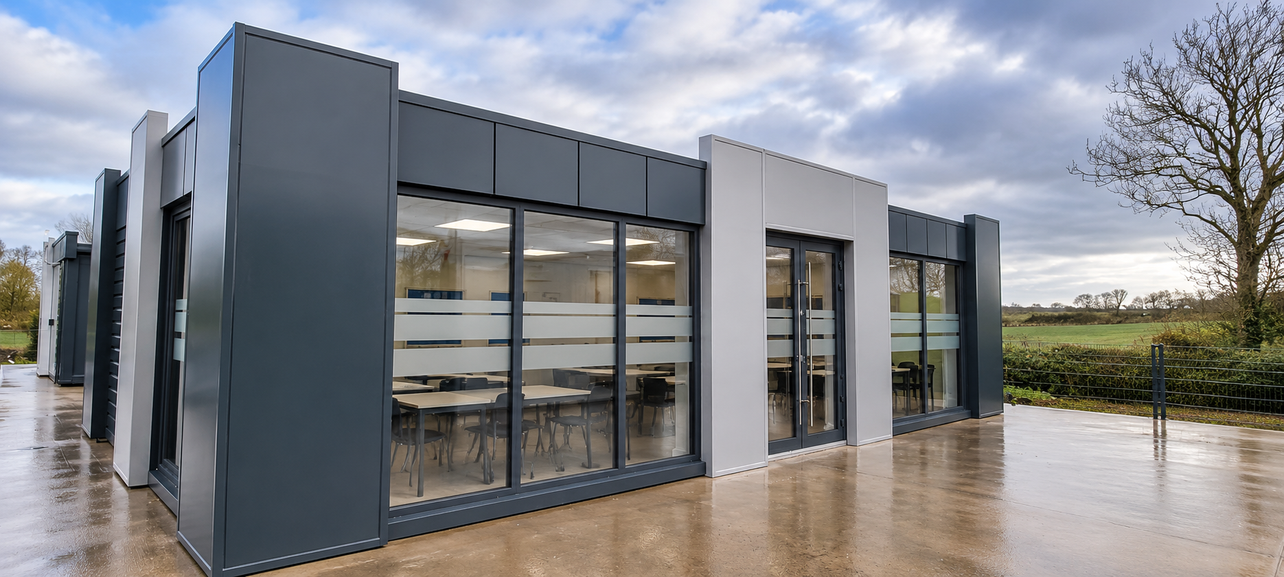 Glazed room with tables and chairs, horizontal privacy bands and dark-grey exterior panels.