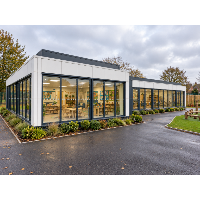 Building installed and operating as a nursery or early years childcare facility in the United Kingdom By KC Modular Buildings 10 L-Shaped Prefabricated Nursery Building – 198.45m² | KC Bespoke
