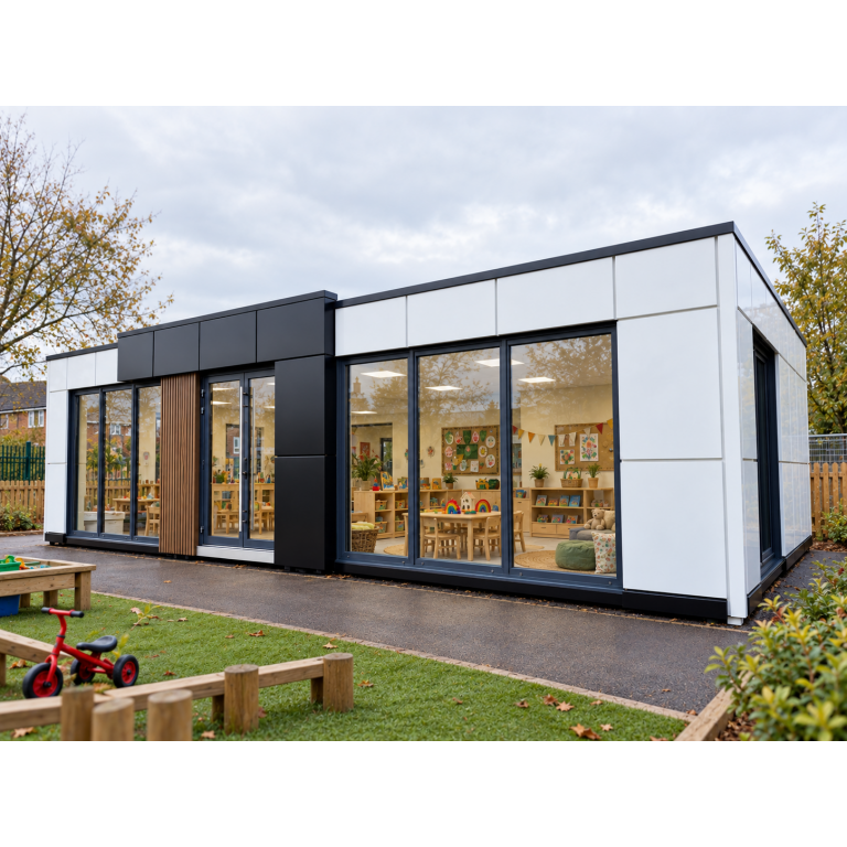 Building installed and operating as a nursery or early years childcare facility in the United Kingdom By KC Modular Buildings 3 Teddington Modern Prefab Nursery Building – 12.6m × 6.3m | KC Bespoke