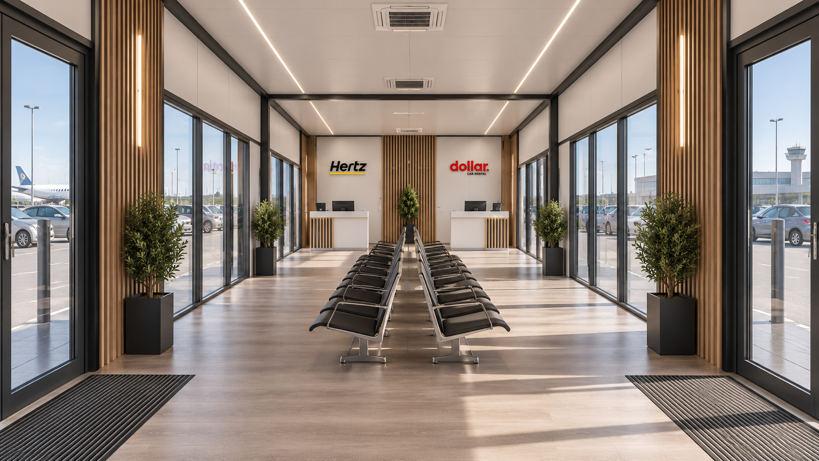 Waiting-area interior concept with central seating, glazed side walls and two branded reception counters.