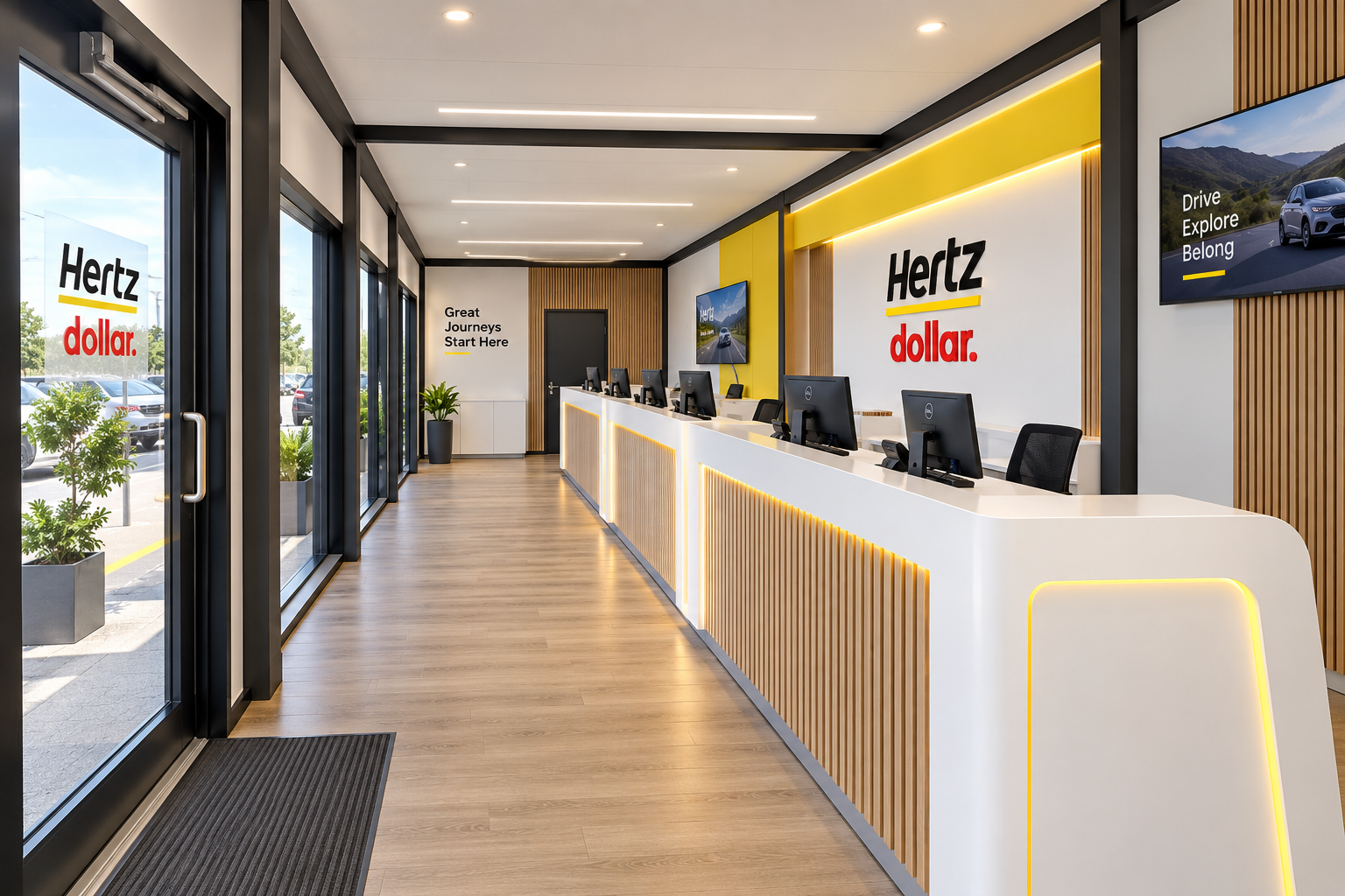 Reception interior concept with a long illuminated counter, computer workstations and Hertz and Dollar branding.
