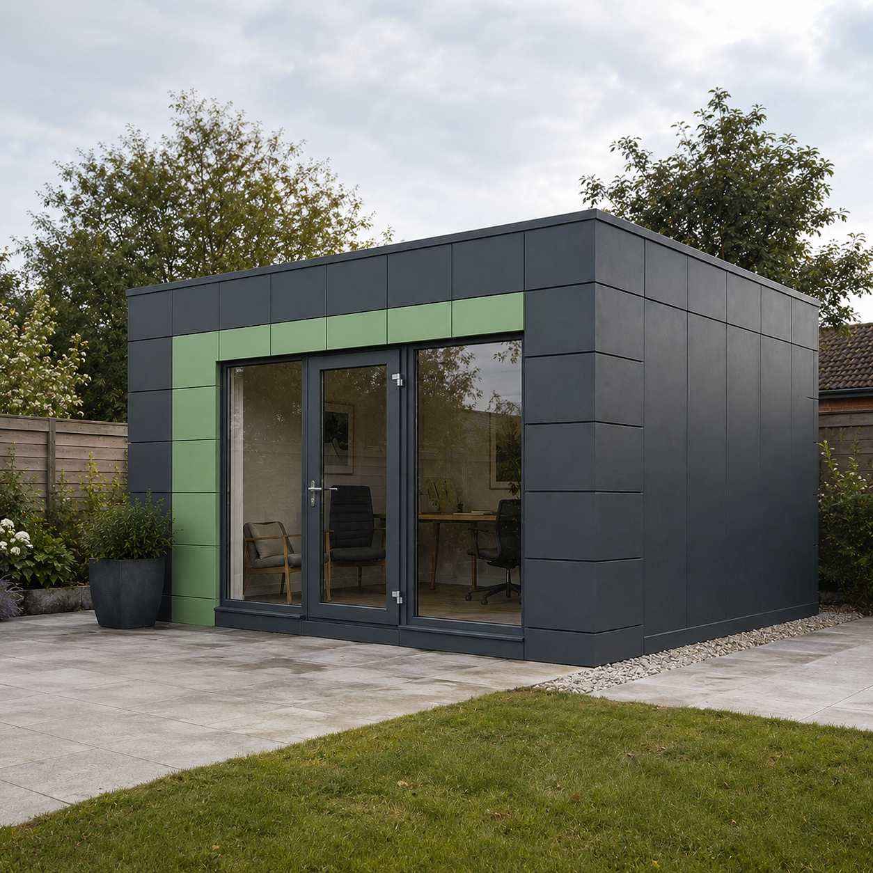 Dark garden-room design with a pale green entrance surround and a desk visible through the glazing.