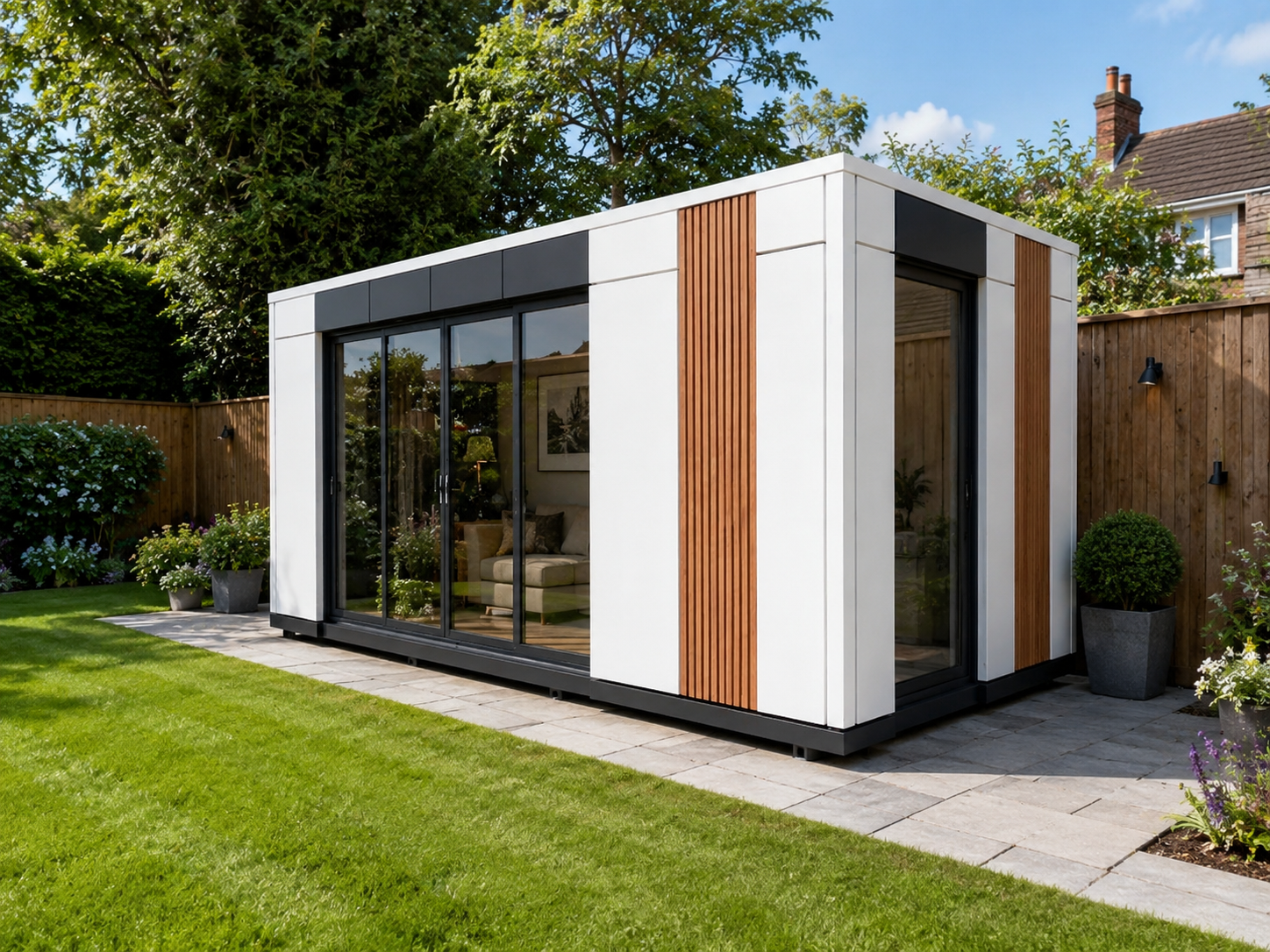 Garden-room design with white panels, timber-coloured vertical detailing and a wide dark-framed glazed frontage.