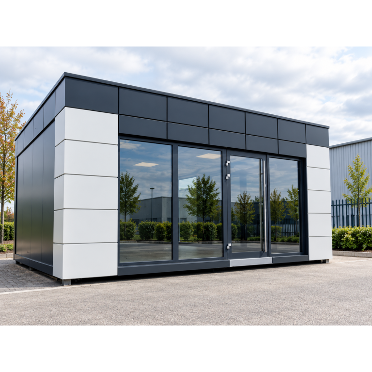 Modular showroom building 6m x 5m 2.1 Model 2.1 Portable Office & Showroom Building – 6m × 5m Shell & Core