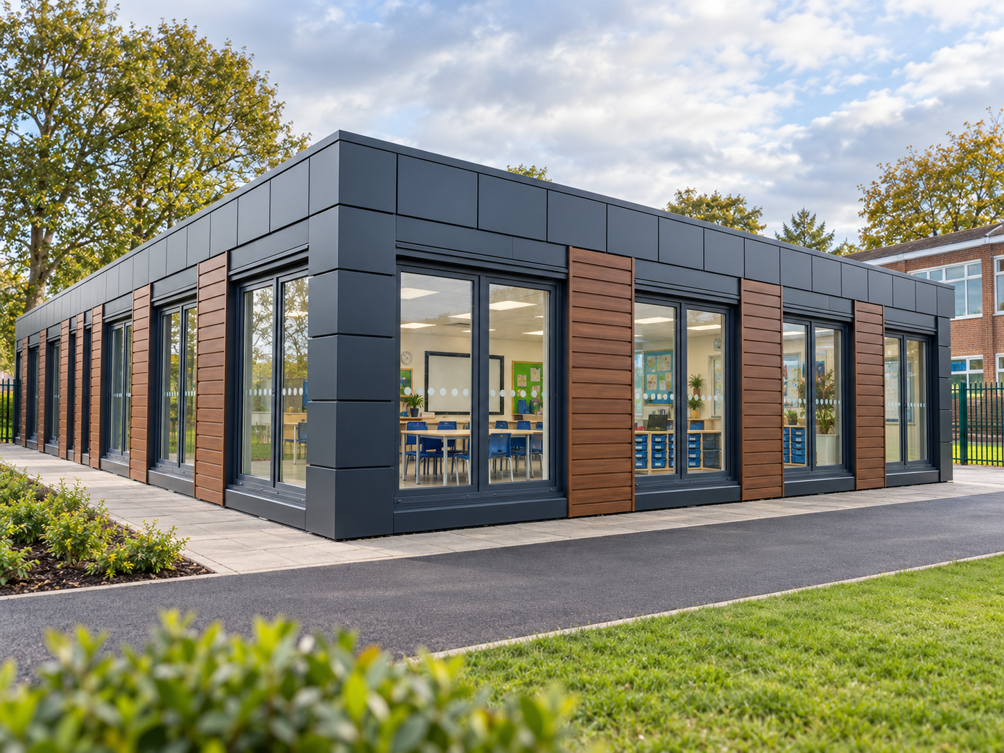Education-setting building with grey and timber-coloured cladding and classroom furniture behind the windows.