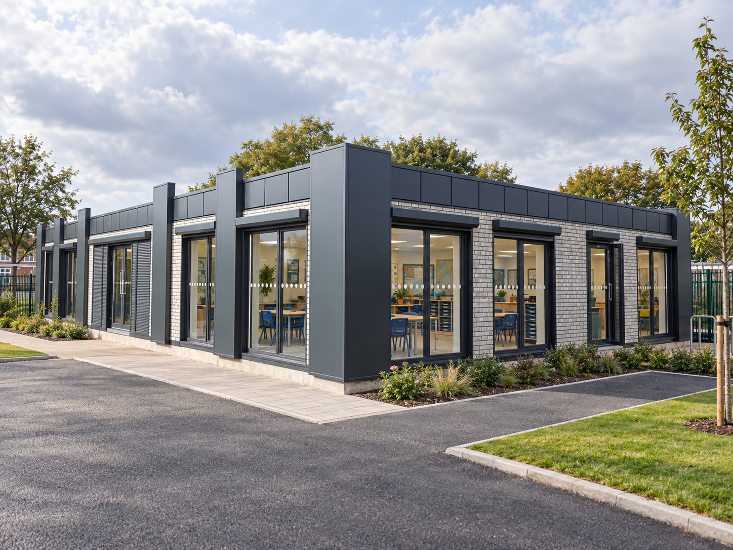 School-setting building with grey vertical panels, pale masonry-style facing and glazed classroom bays.